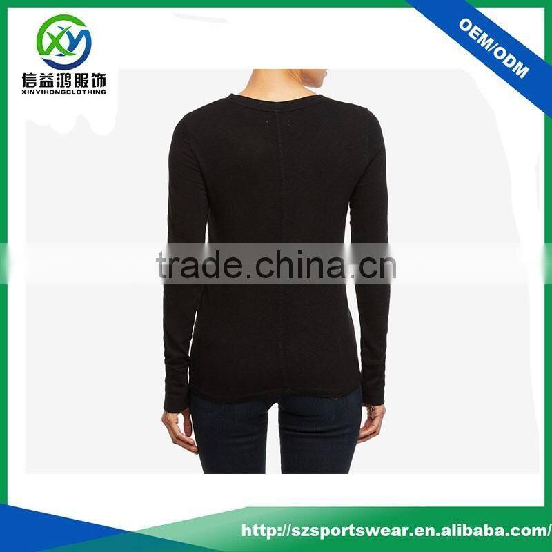 Popular V neck 100% cotton fabric women long sleeve black t shirt