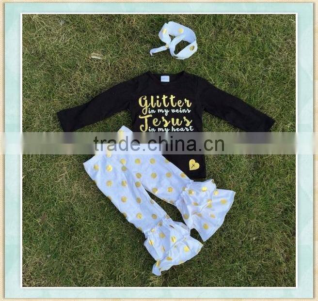 Rhinestone applique golden dots white pant match jesus black t shirts organic baby clothes