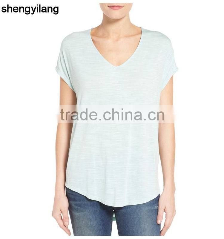 rayon,polyester,spandex tri-blend curved hem v neck wholesale short sleeve t shirts