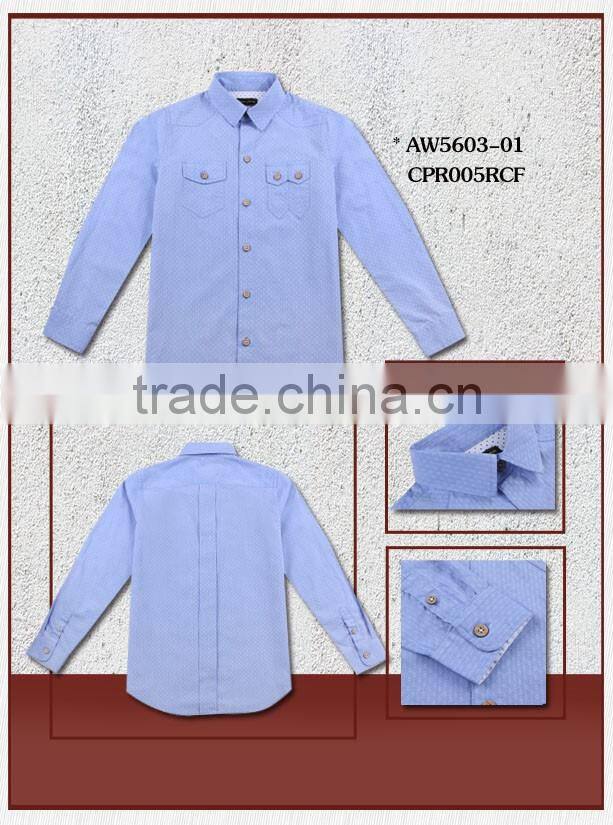 2016 fashionable long sleeve 2 pockets light blue kids shirts