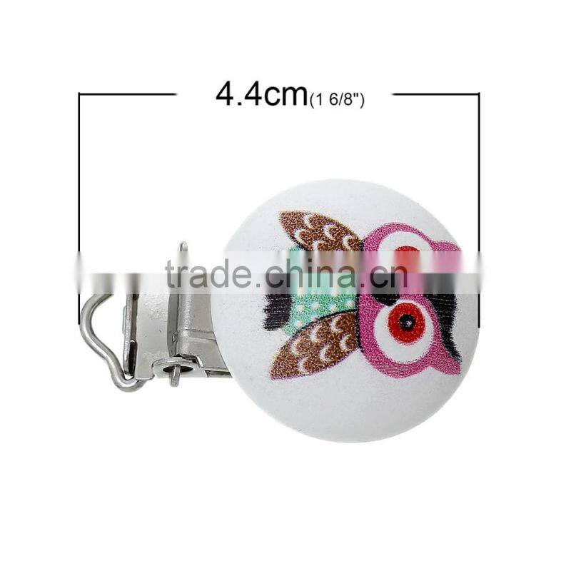 Custom LOGO Round Multicolor Halloween Owl Pattern Wood Baby Pacifier Clip