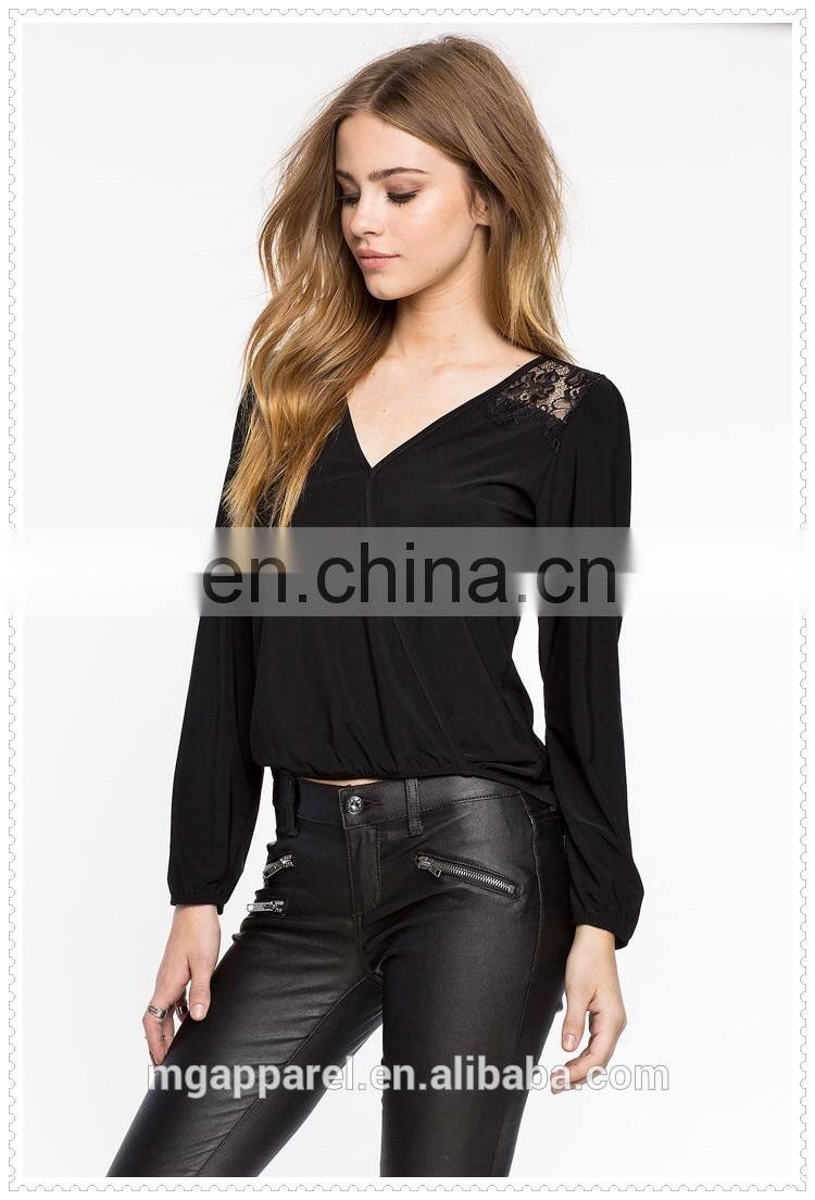 OEM cheap women fancy sexy long sleeves black chiffon blouse