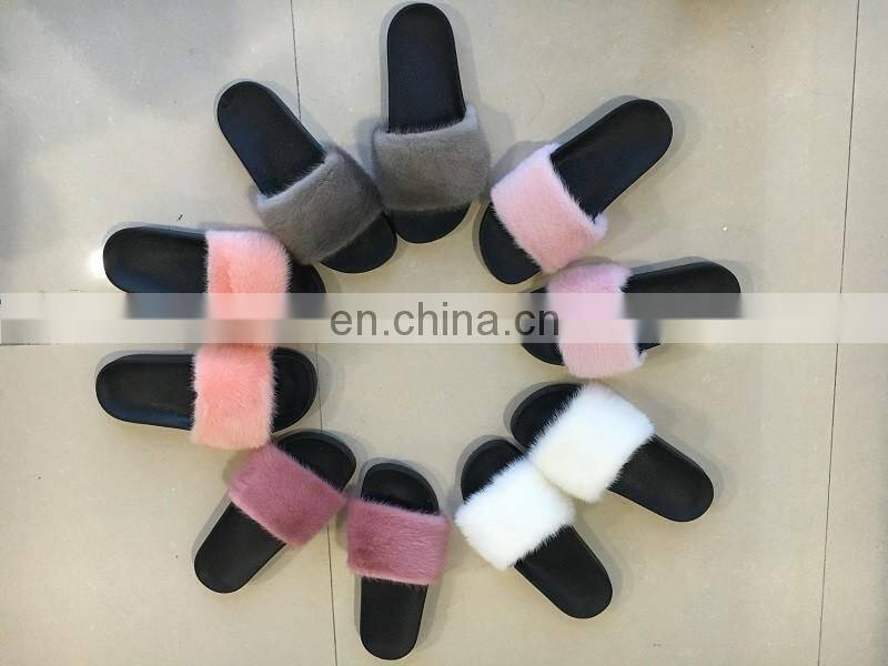 Soft Fur slide outdoor Casual Flat Slip On Fluffy Fur Slippers Sliders sandals Mink Fox Raccoon