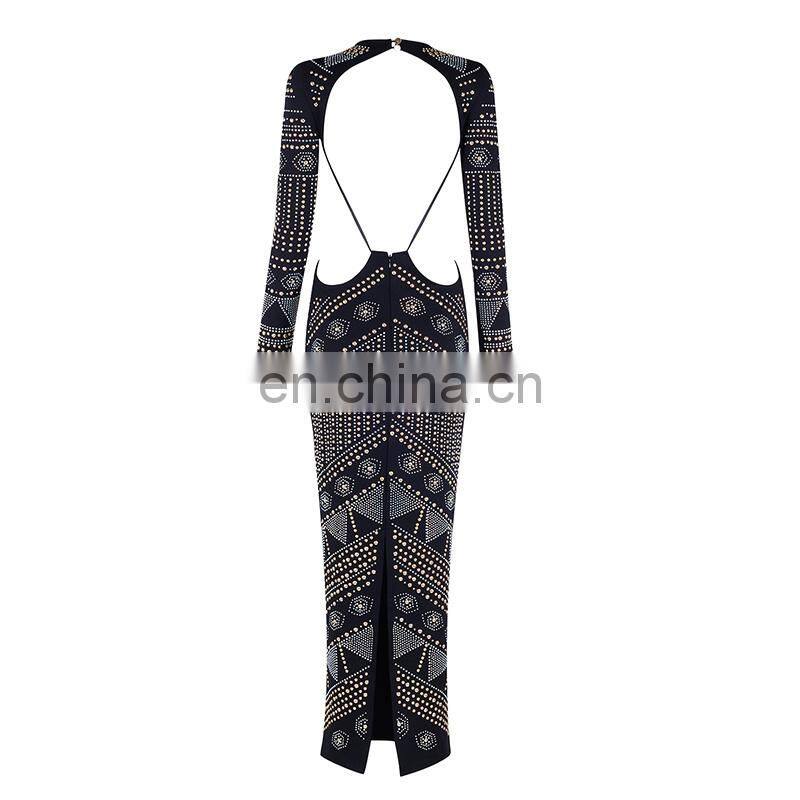 Latest Celebrity Design Women Elegant Long Sleeve Backless Evening Sequins Beaded Maxi Party Dresses