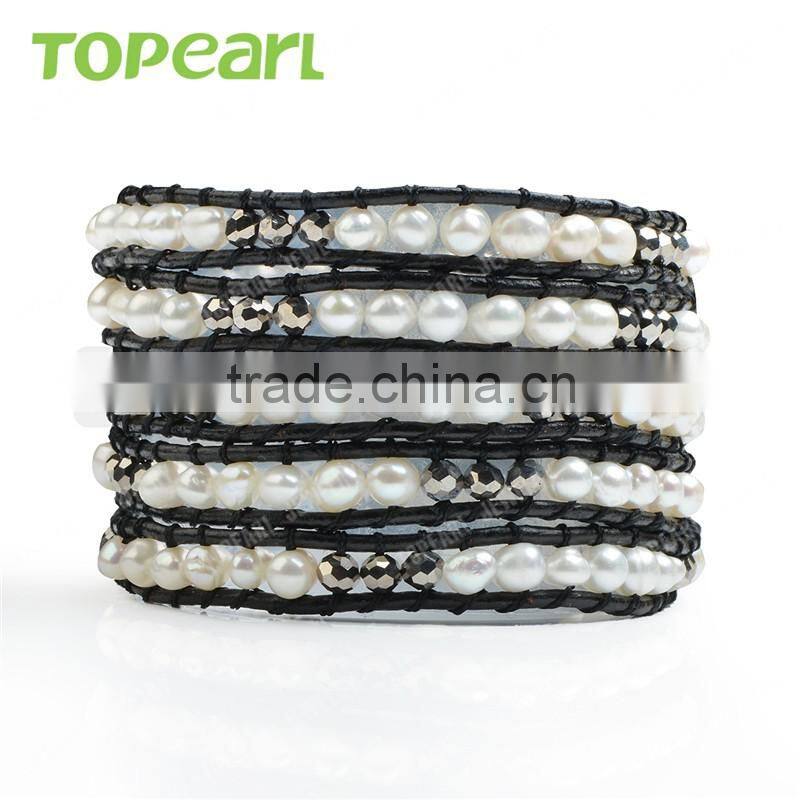 Topearl Jewelry Freshwater Pearl Wrap Bracelet Woven Leather Bracelet for Women 33.5 Inches CLL131