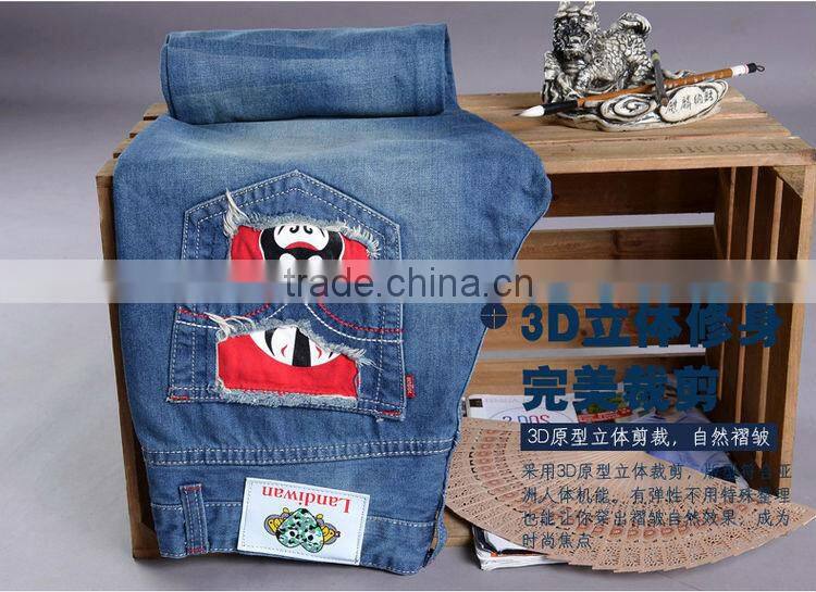 2015 Ripped Slim100% Cotton Jeans top fashion men designer jeans stock men stone washing hole blue jean trouser with opera face