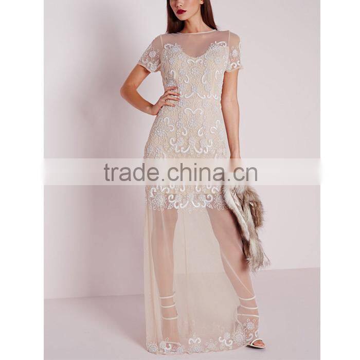 premium embellished cap sleeve mesh maxi dress nude