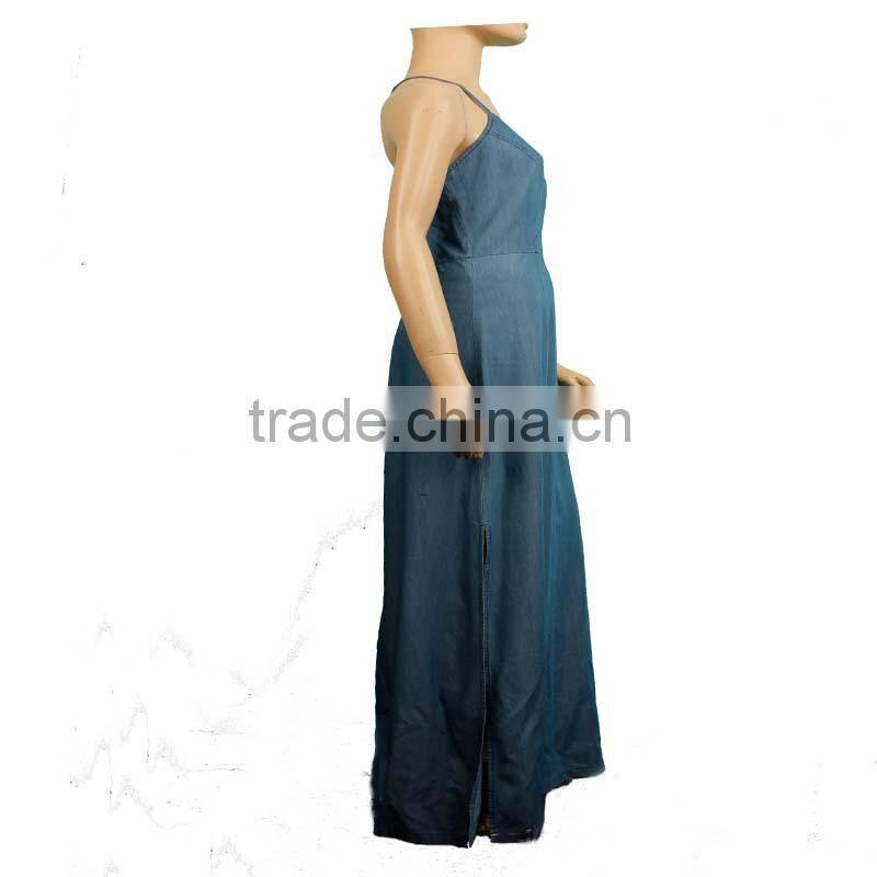 Backless adjustable blue color washed maxi women denim dress DD150932698