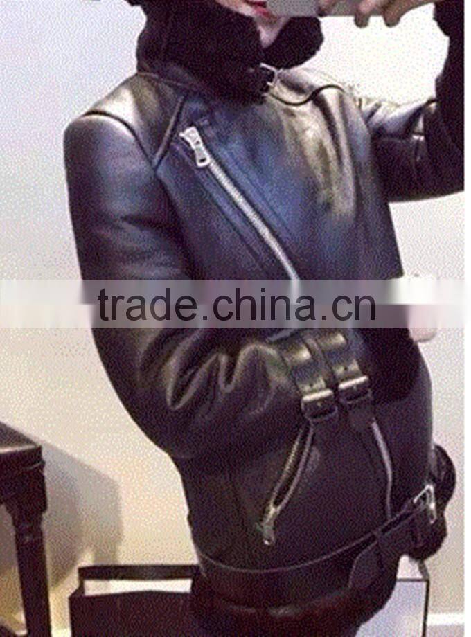 2015 Latest design girls Winter sherpa lined goat leather jacket