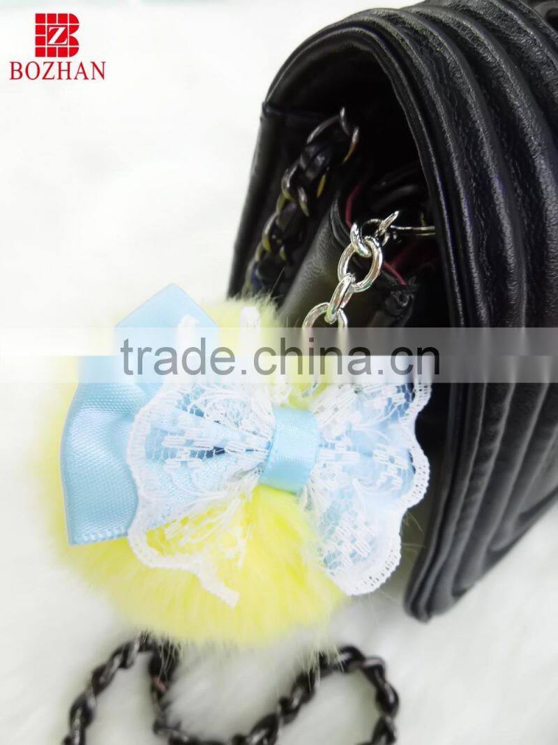 Beautiful little pom pom key chain/Blue rabbit fur keyring
