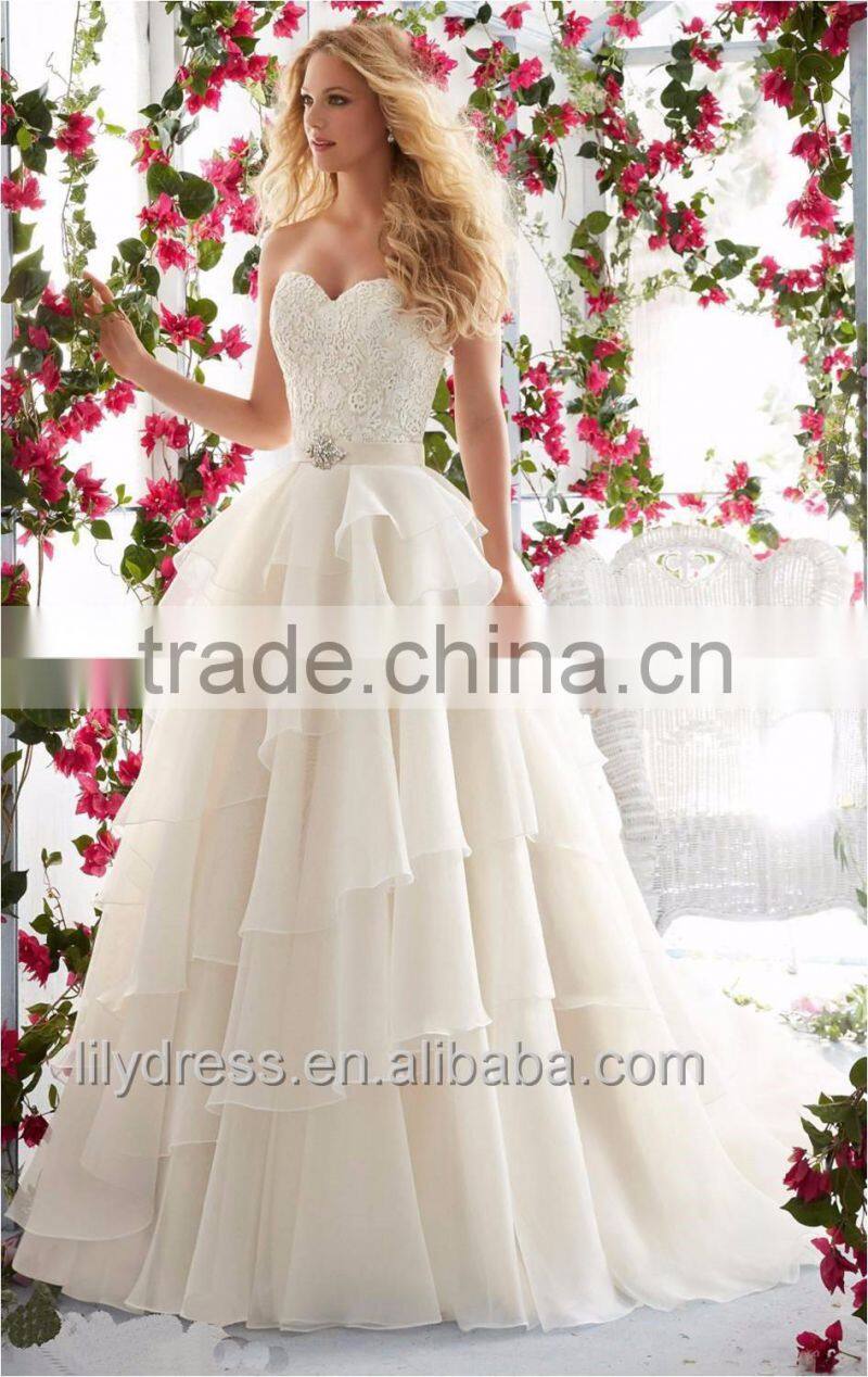 Romantic Puffy Tiered Ruffles Princess Wedding Dress 2016 New Fashion Hot Sale Sweetheart Crystal Sash Bridal Gown ML047