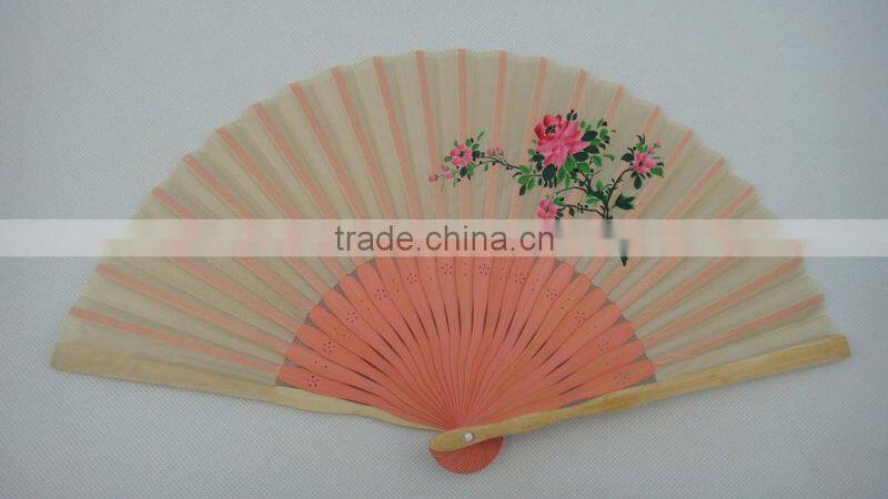 painted fabric folding hand fan with bamboo ribs