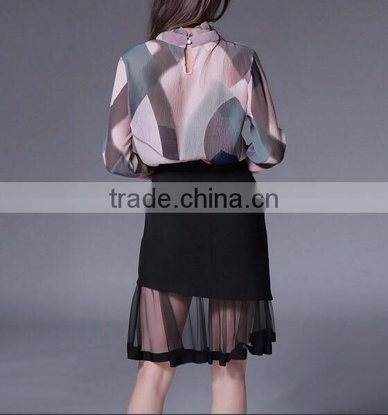 Newest preppy style women formal office dress reglan sleeve color combination office dress