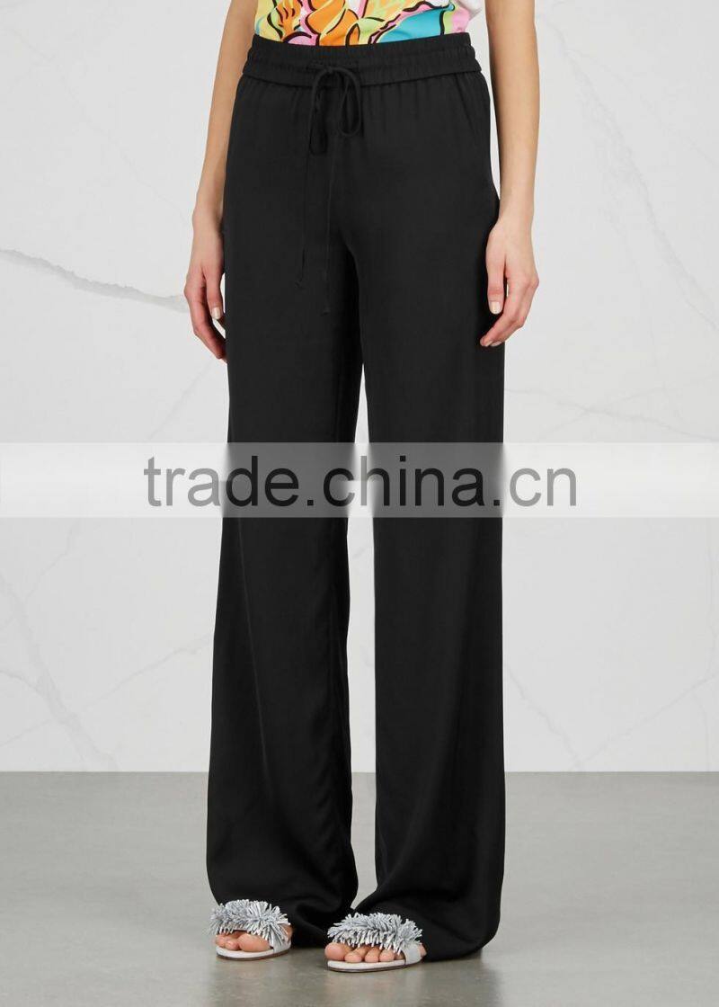 Wholesale Women Apparel Elasticated Drawstrint Waist Black Satin Trousers(DQE0354P)