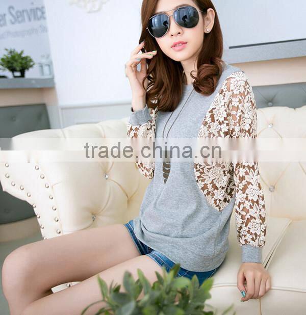 Korean style slim round neck long batwing sleeve women lace stitching plus size blank t-shirt