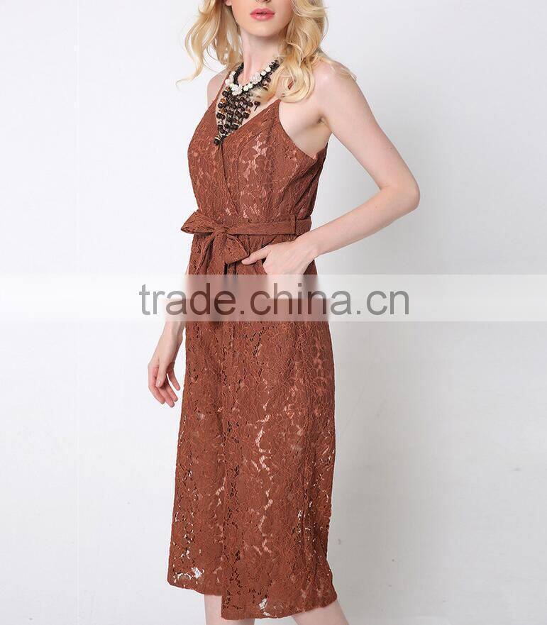 M783 D.Y fashion 2016 women gallus lace v-neck bowknot jumpsuit pants