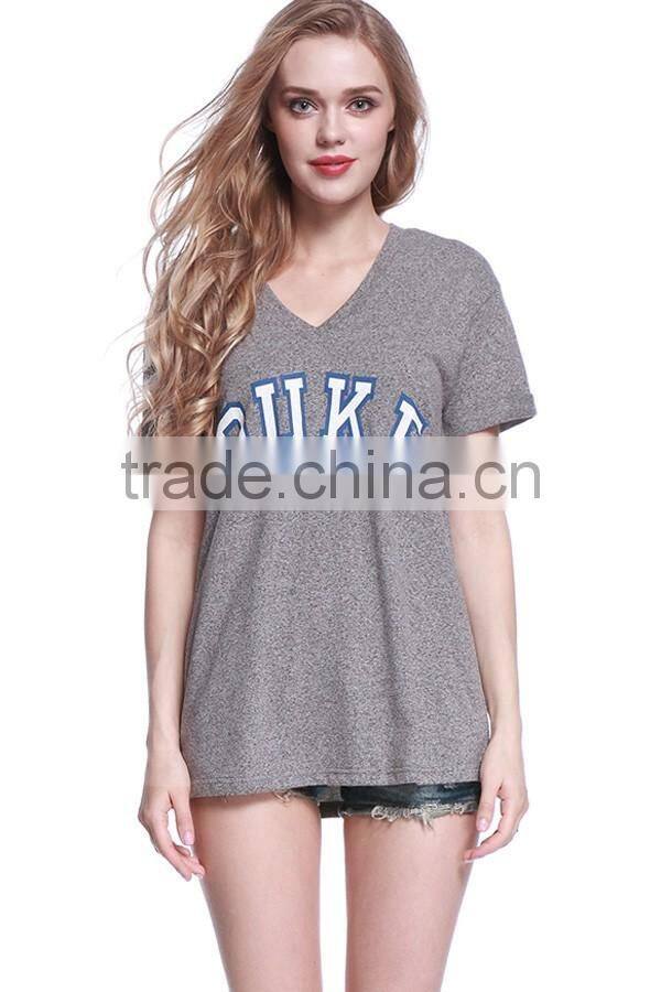 Hot selling women short sleeve t-shirt gray V Neck letters print loose T Shirt