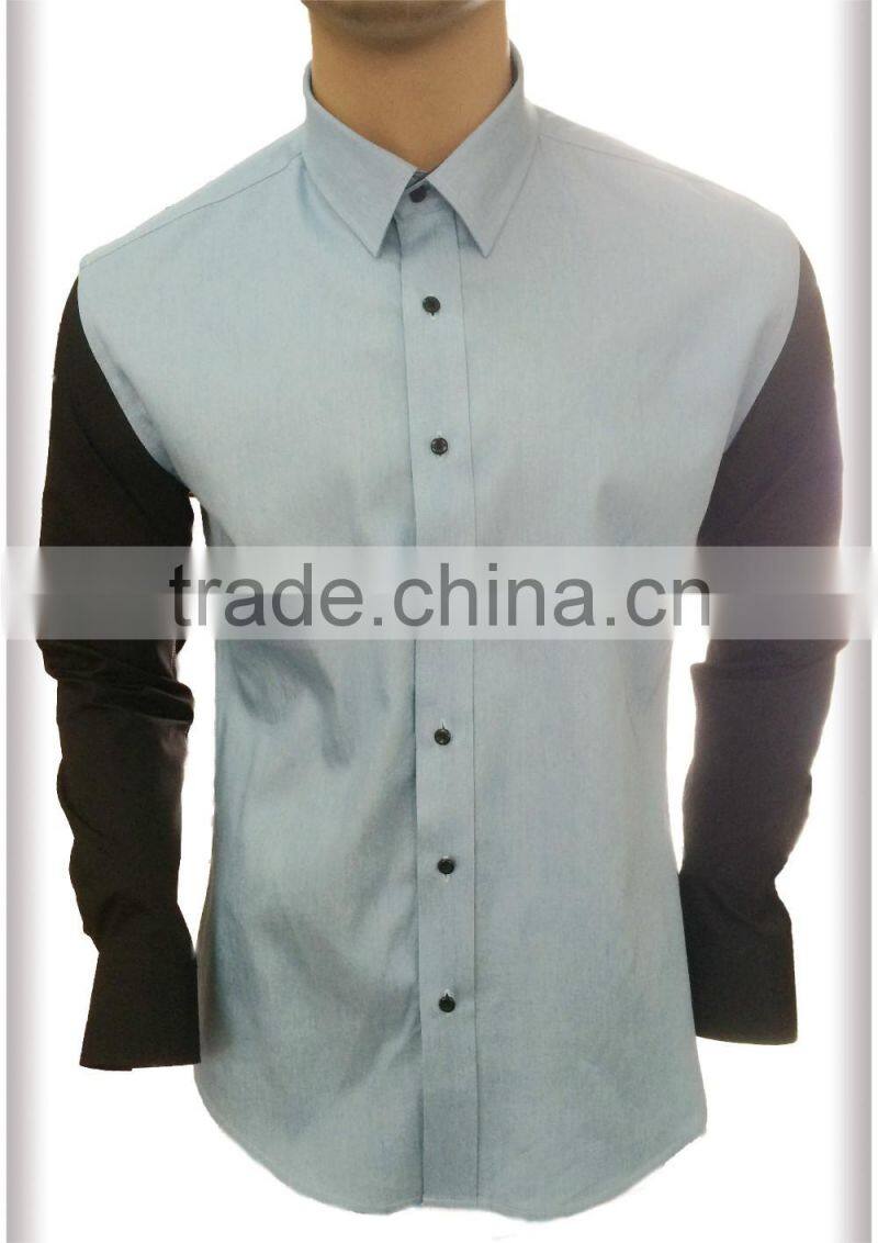 2017 new design men's denim casual shirt with contrast sleeve