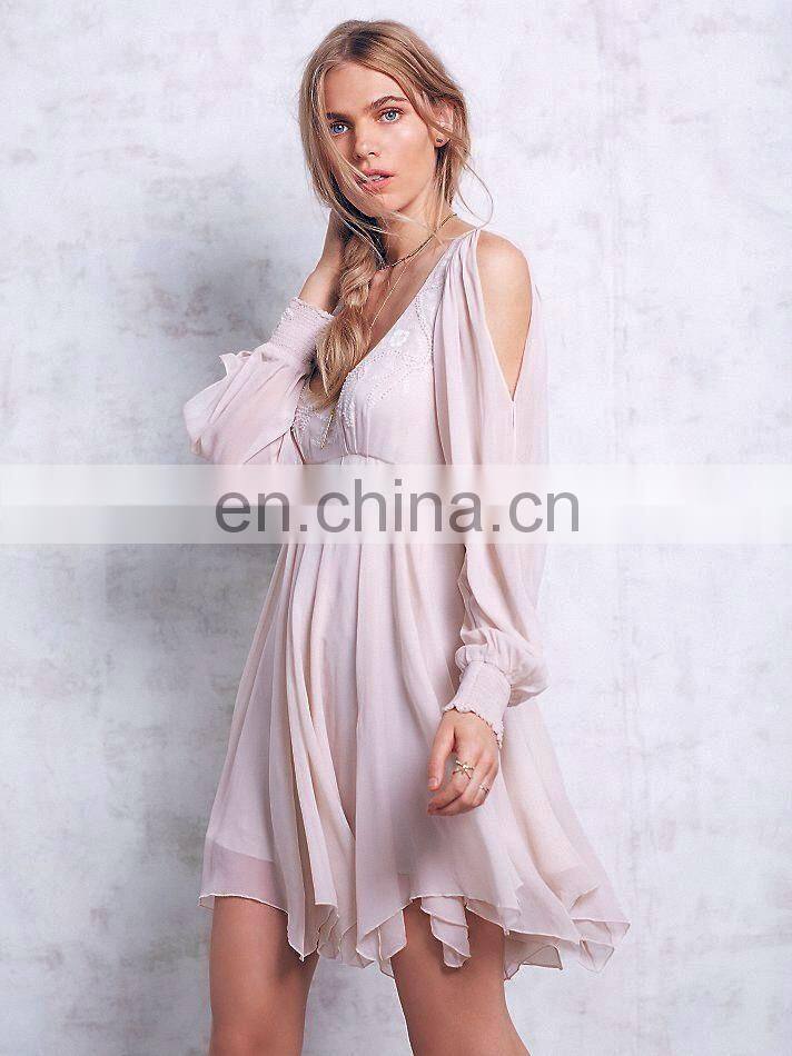 High quality cold shoulder chiffon dress, embroidered dress fashion