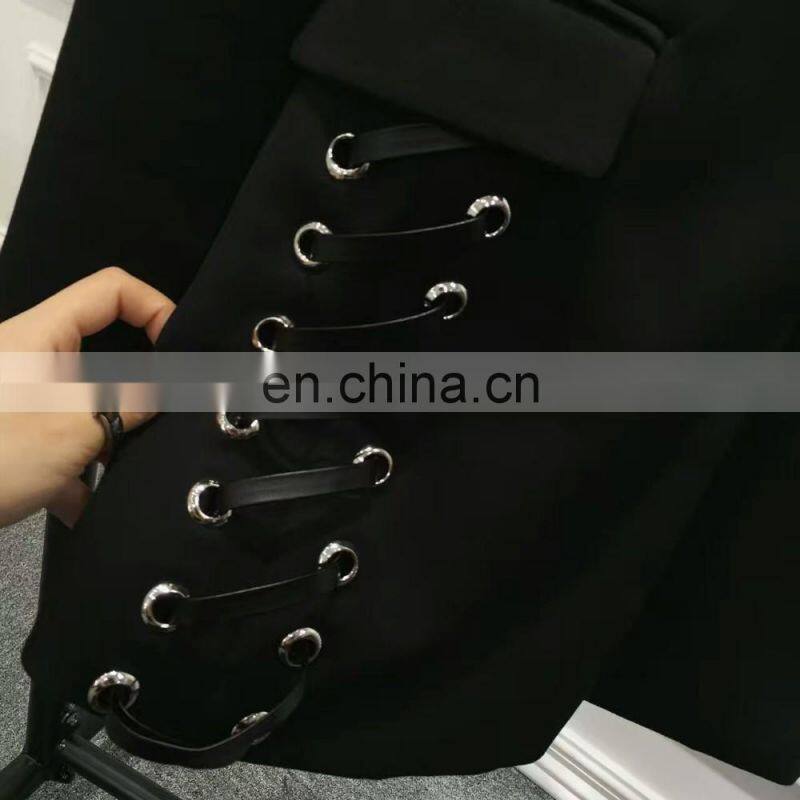 NO MOQ fast shipping OL black cool coat with cord bandage tops