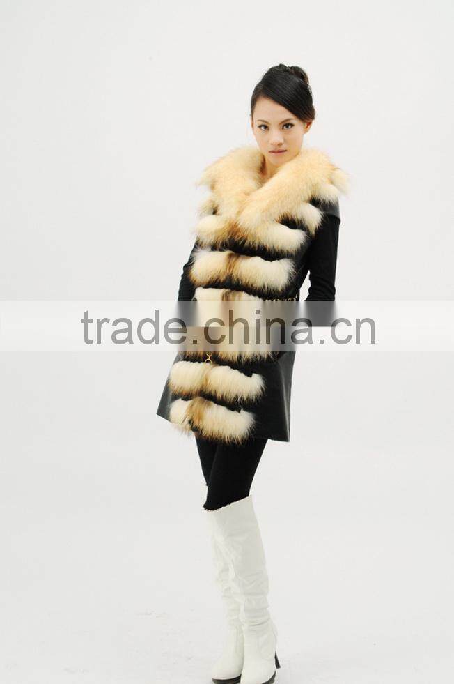 New Style Black and White Pretty Women Real Raccoon Dog Fur And Sheepskin Winter Coat