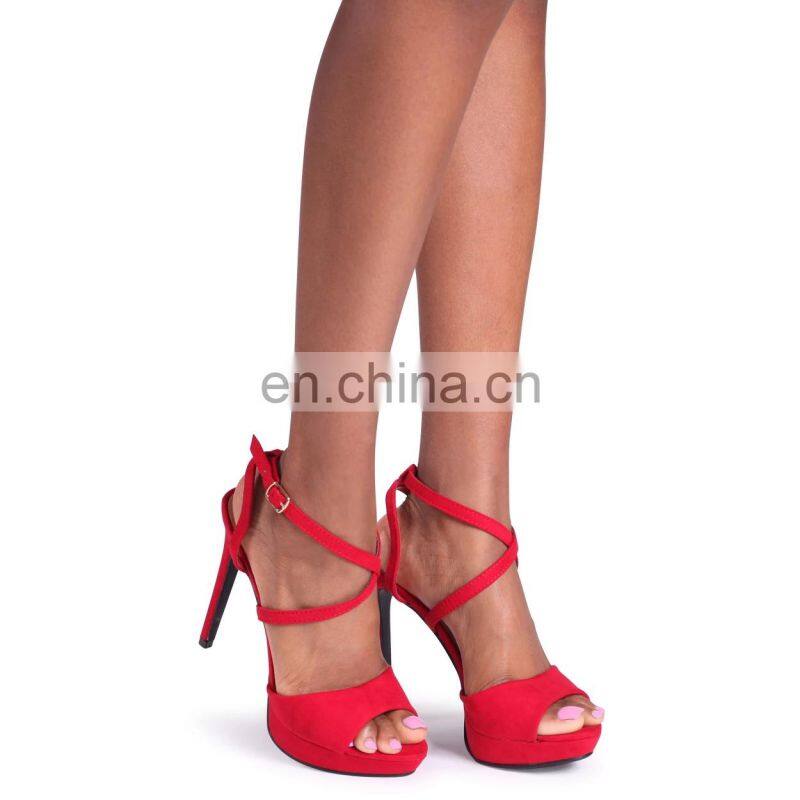 Red color high stiletto heeled women platform with crossover front strap ladies ankle strap shoes available in other colors