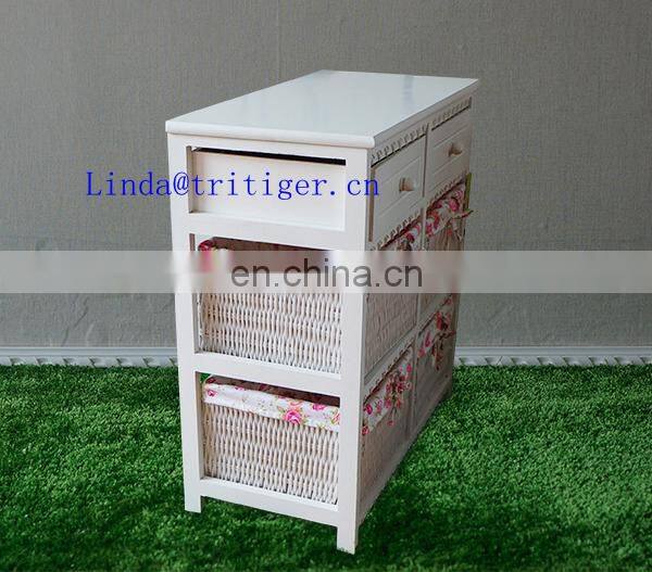 Factory wholesale solid paulownia MDF wood chest with wicker drawer storage cabinet