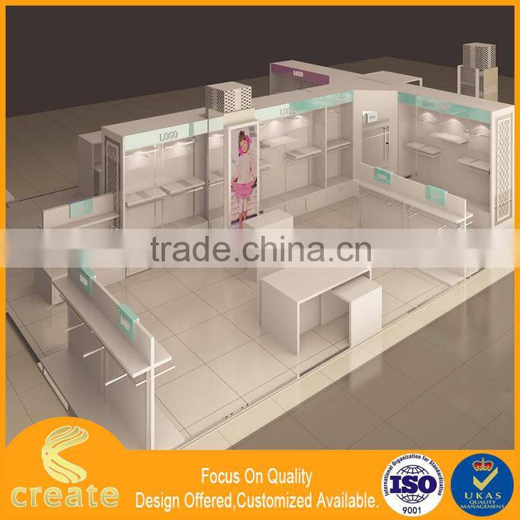Guangzhou factory OEM/ODM MDF wood wall designs children clothes showcase for shop kiosk