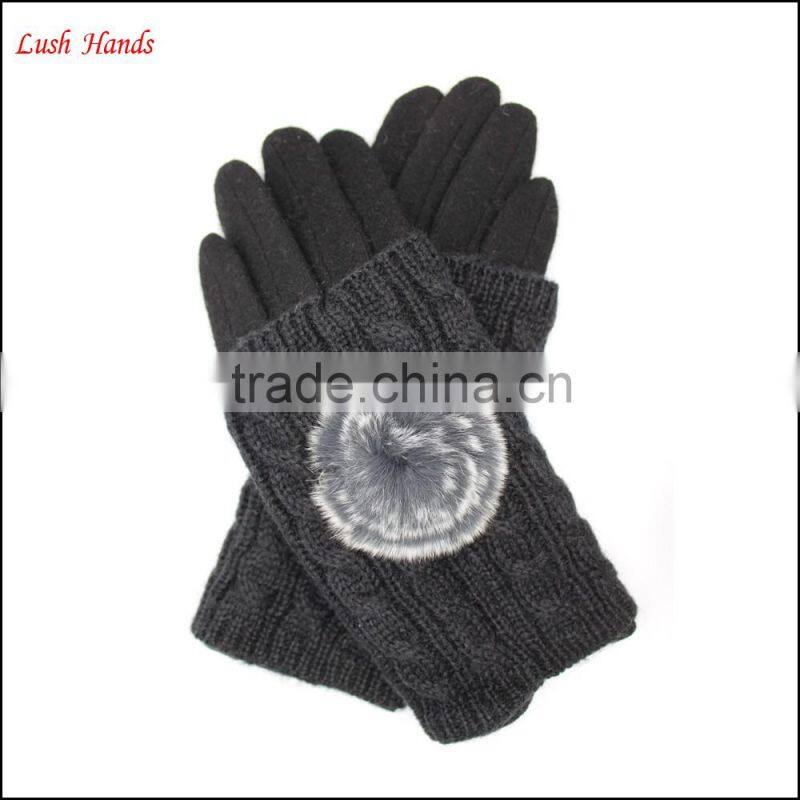 ladies high-quality woolen gloves with rabbit fur ball