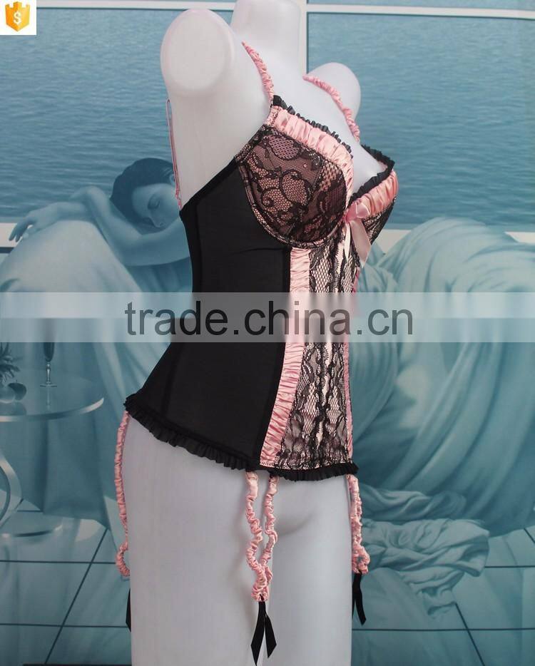 Wholesale women Shapewear, black lace pink bow sexy corset