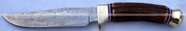 Damascus Steel Blade knife Color Bone + Plastic Ring Handle and Brass bolster With Leather Sheath.