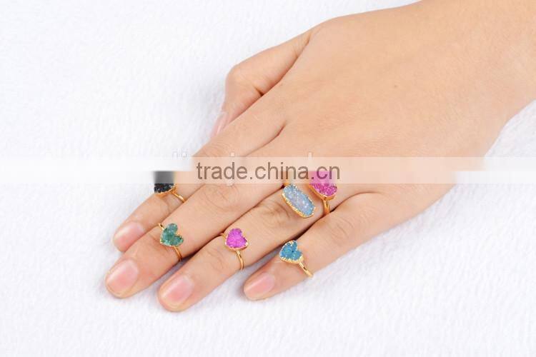 Gold plated natural rainbow heart druzy agate stone adjustable knuckle ring
