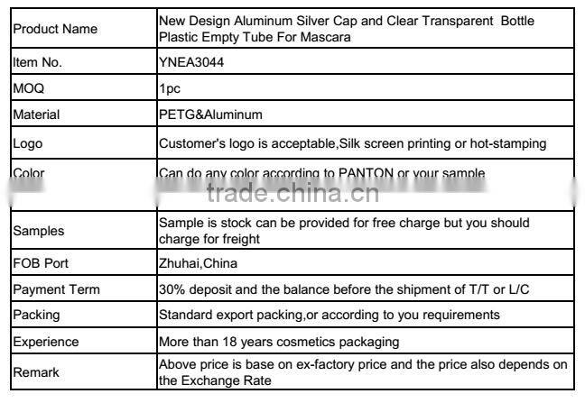 New Design Aluminum Silver Cap and Clear Transparent Bottle Plastic Empty Tube For Mascara