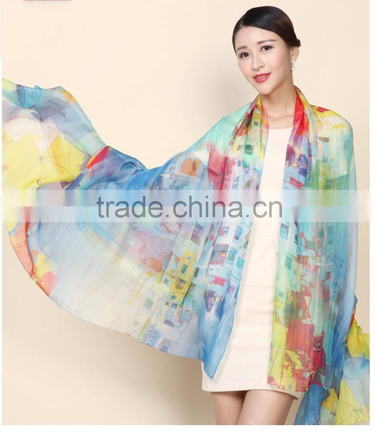 high quality scarf wholesale lady's elegant digital printed silk scarf, hangzhou silk chiffon scarves and shawls china
