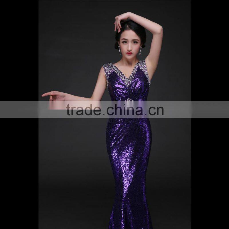 Women's New Purple V-Neck Solid Lace Floor-Length Evening Dress
