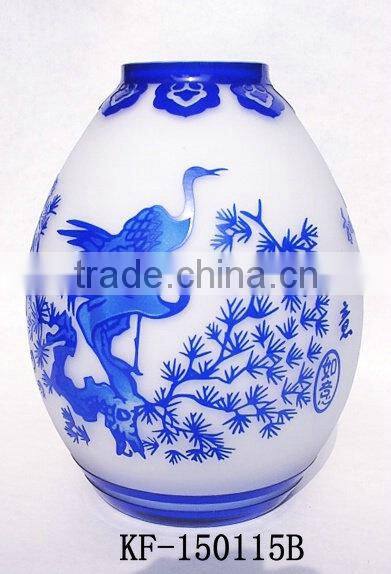 2014 Special 3D-Carved Round Blue Flower Glass Vase