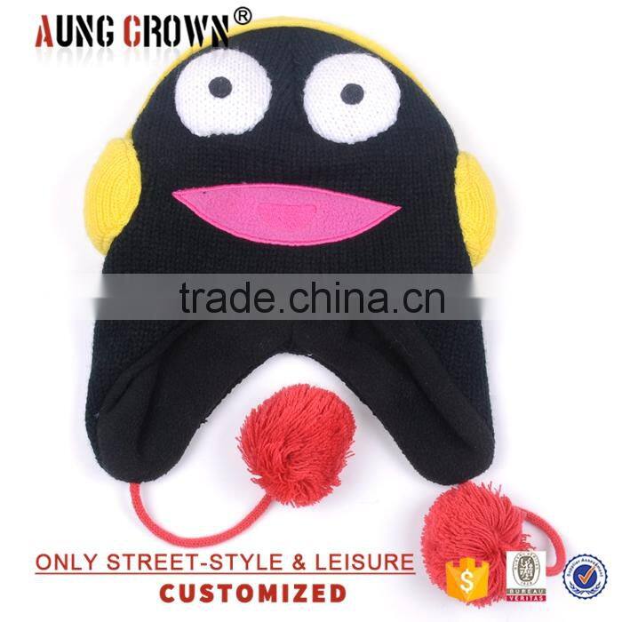 Clapping earflap animal clap hats,inside polar fleece hand made knitted kids winter cap