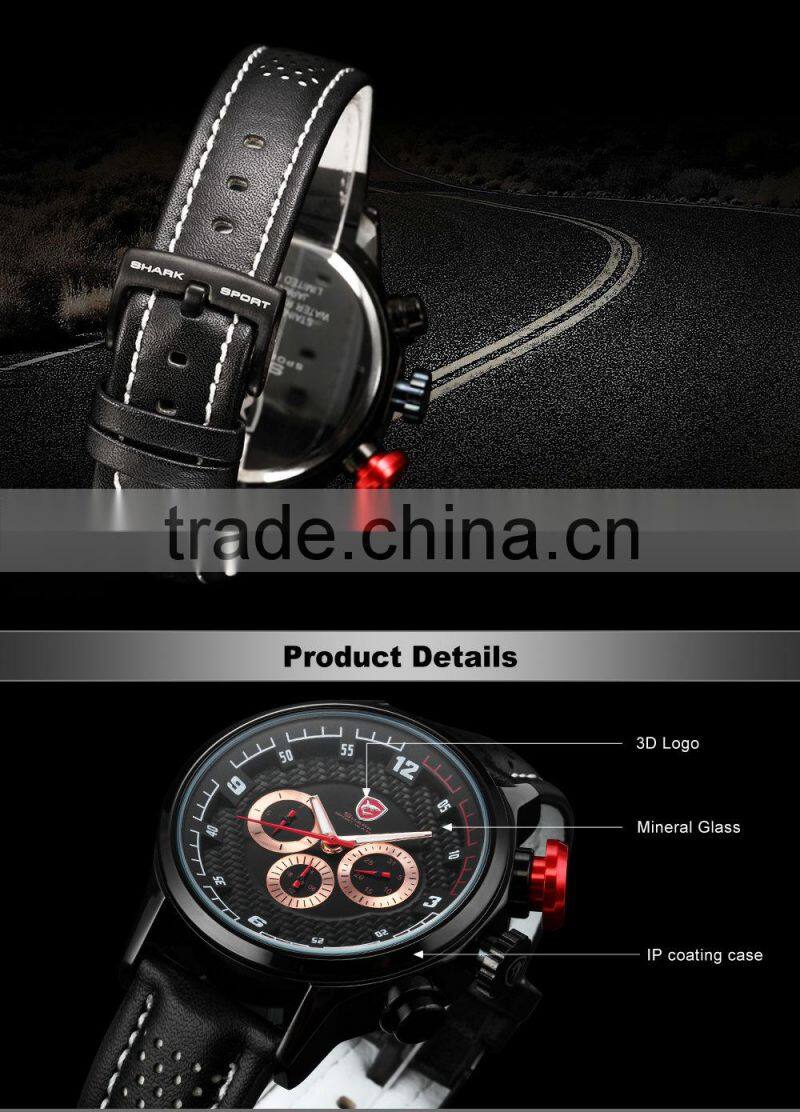 Shark 6 Hands Leather Band Steel Case Mens Quartz Army Luxury Analog Sport Wacth