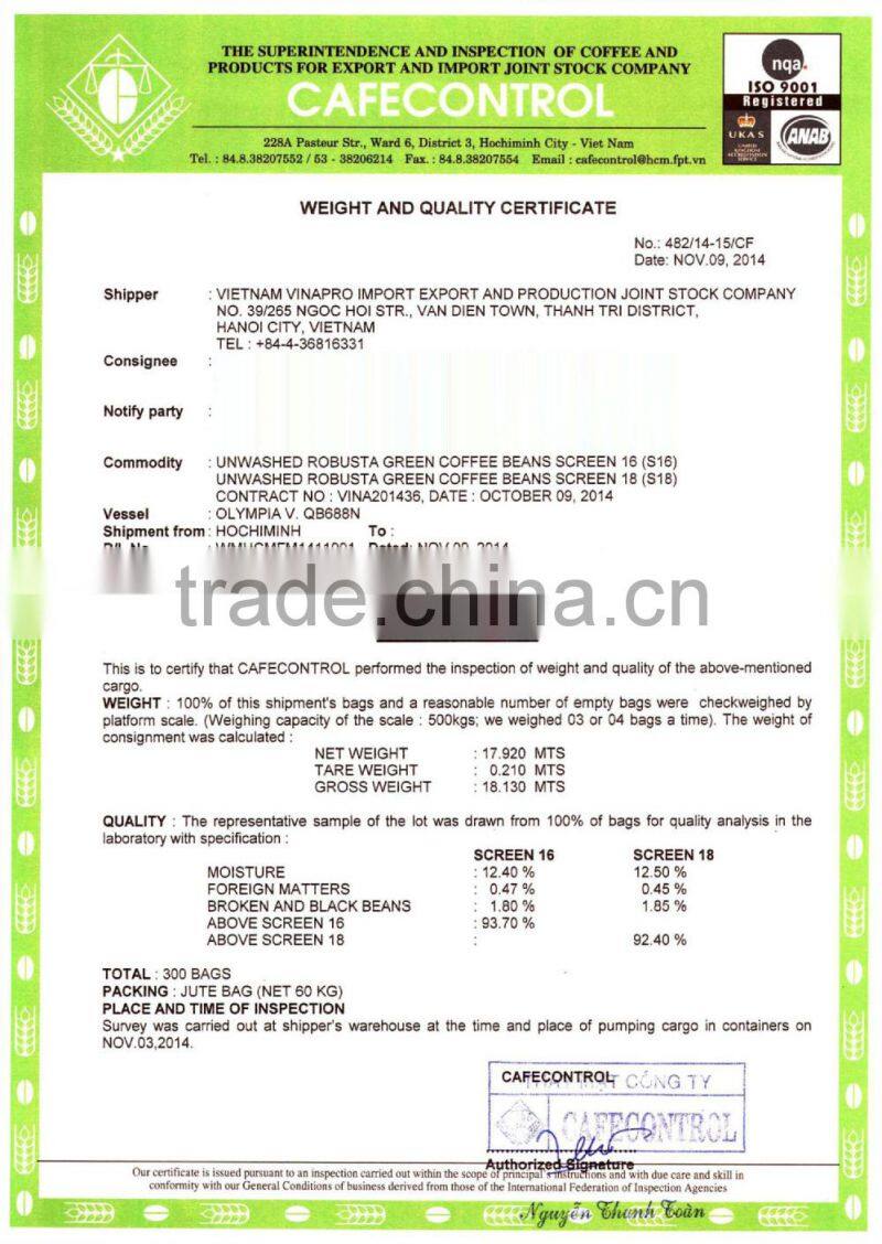 VIETNAM HIGH QUALITY WASHED ARABICA COFFEE BEANS, GRADE 1, SCREEN 16