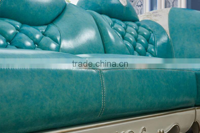 Graceful European style living room furniture solid wood lily carving leather corner sofa set