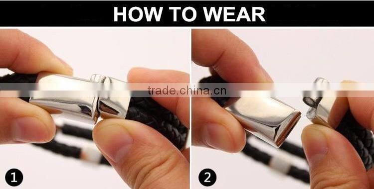 Silver Plated Stainless Steel Charms with Black Leather for Men Magnetic Bracelet