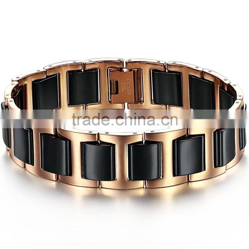 Men's Shiny Polished Two-Tone Gold ,Black Ceramics&Stainless Steel Magnets Link Bracelet