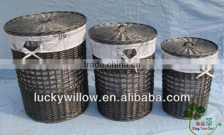 Grey wash large wicker laundry basket with lid, willow household storage basket- set of 5