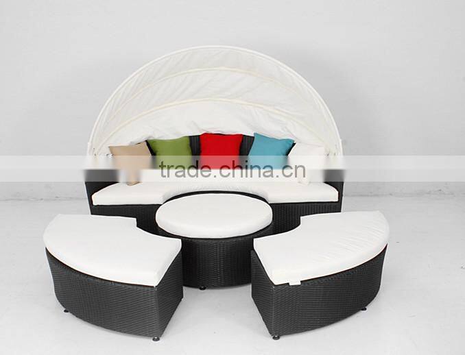 Fashion Design Patio Furniture Poly Wicker Round Daybed With Canopy Modular Sunbed