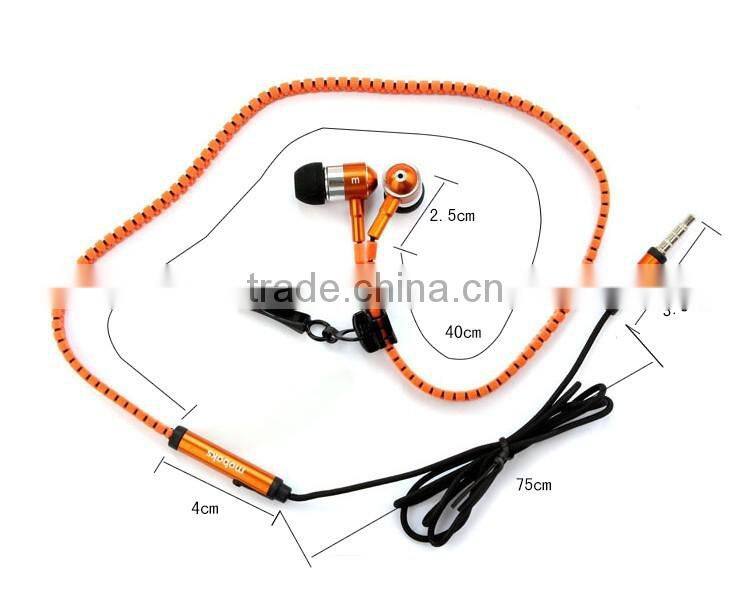 High Quality Metal Zipper Earphone With Mic