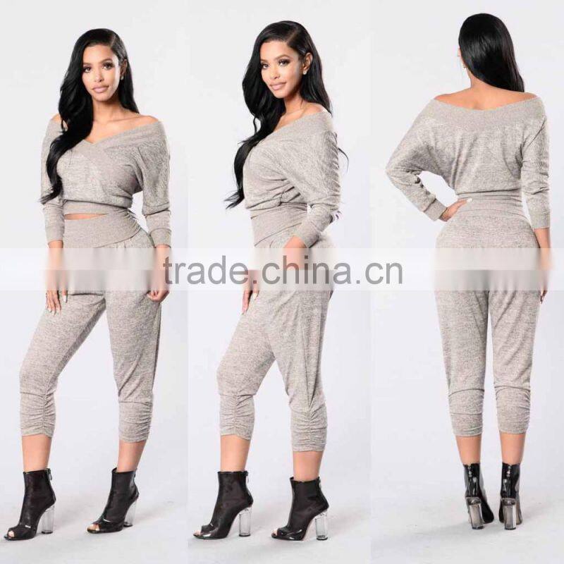 Cotton sweat suit fabric Long Sleeve Crop Top Sweatshirt & Custom Jogger Sweatpants 2 piece