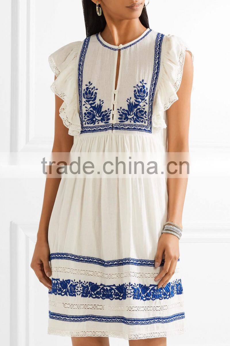 Boho crochet-trimmed computerized machine embroidery cotton-gauze mini dress western dresses names HSd5260