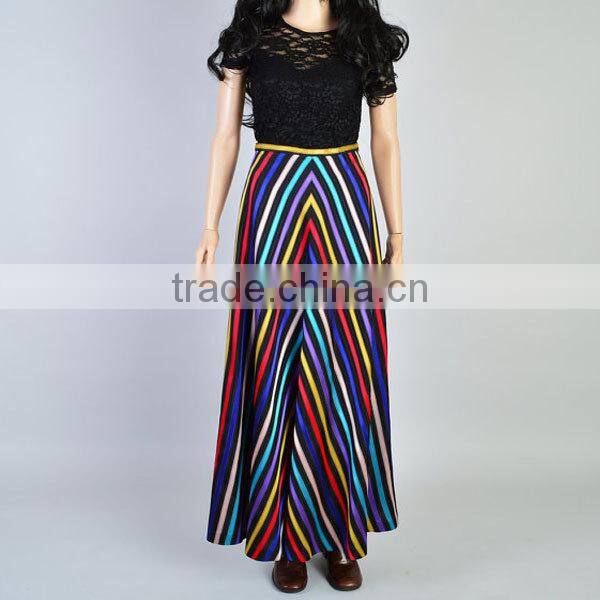 Fashion summer high waist rainbow color viscose chevron stripe maxi skirt