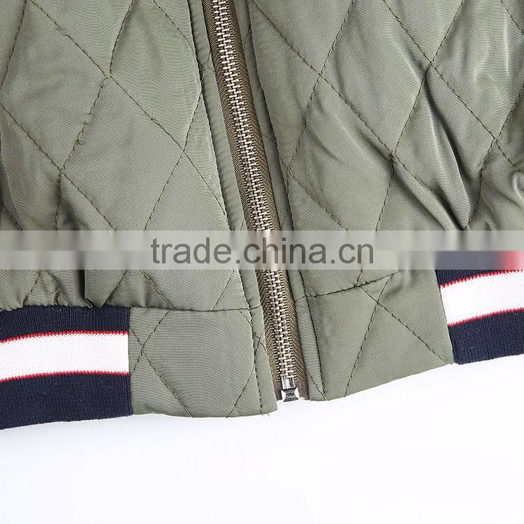 HAODUOYI Women Warm Solid Letter embroidery Lattice Street Zipper Bomber Jacket