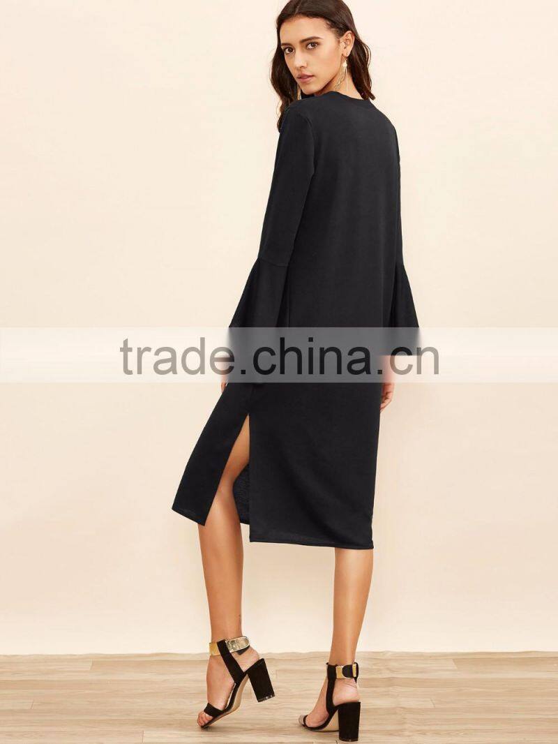 Black Bell Sleeve Split Hem Tee Dress Polyester Spandex Long Sleeve Round Neck Casual Midi Dress